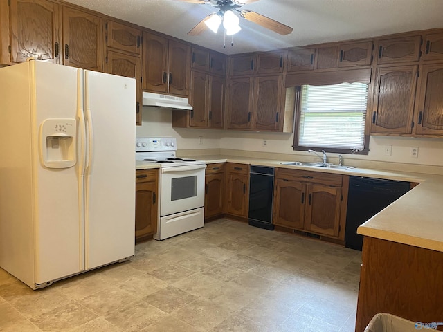 216 Carol Ave, Gadsden, AL 35904 - kitchen with white appliances, under cabinet range hood, a sink, light countertops, and a ceiling fan