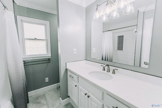 full bathroom with vanity, ornamental molding, marble finish floor, baseboards, and a notable chandelier