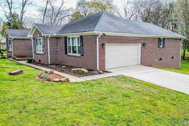 view of home's exterior with a yard, a garage, concrete driveway, and brick siding