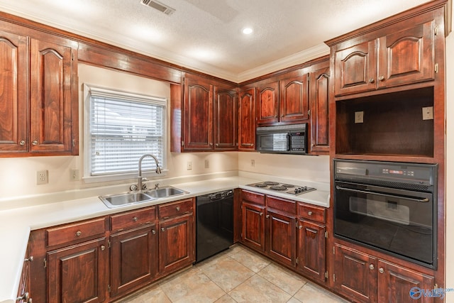 kitchen featuring sink, light tile patterned floors, a textured ceiling, and black appliances