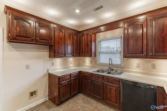kitchen featuring black dishwasher, sink, and a textured ceiling