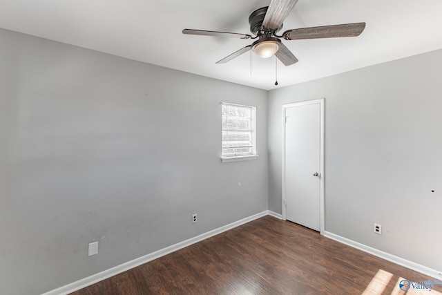 empty room featuring ceiling fan and dark wood-type flooring