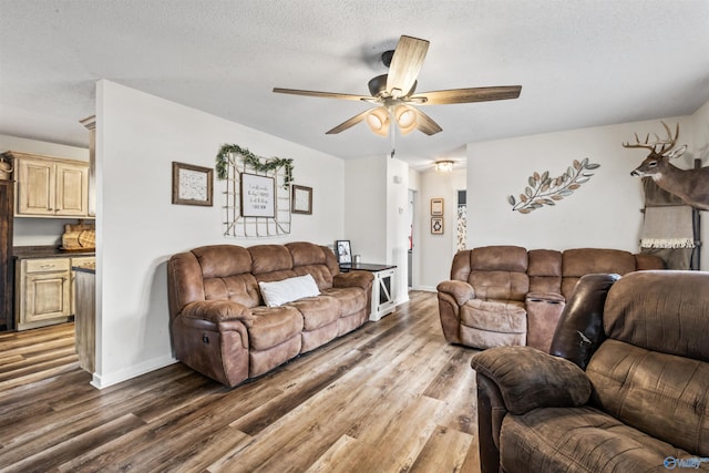 living room featuring ceiling fan, wood-type flooring, and a textured ceiling