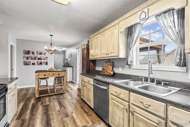 kitchen with pendant lighting, sink, a chandelier, dark hardwood / wood-style flooring, and stainless steel dishwasher