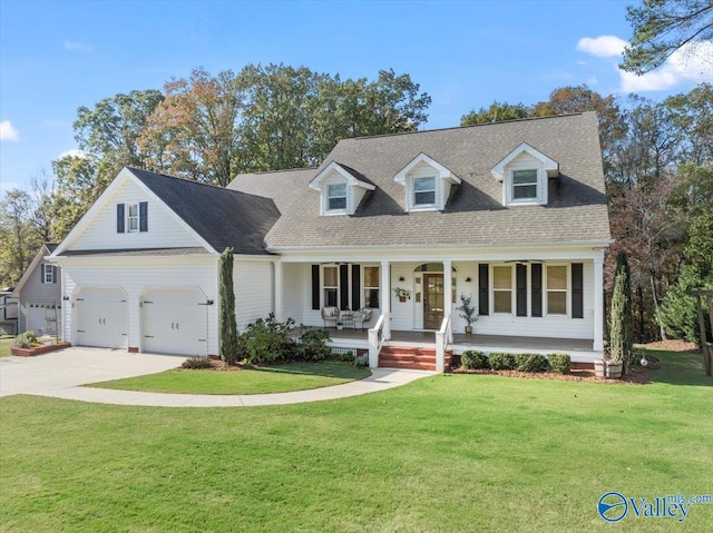 cape cod home with a front lawn, covered porch, and a garage