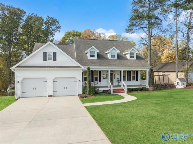 cape cod house featuring covered porch, a garage, and a front lawn