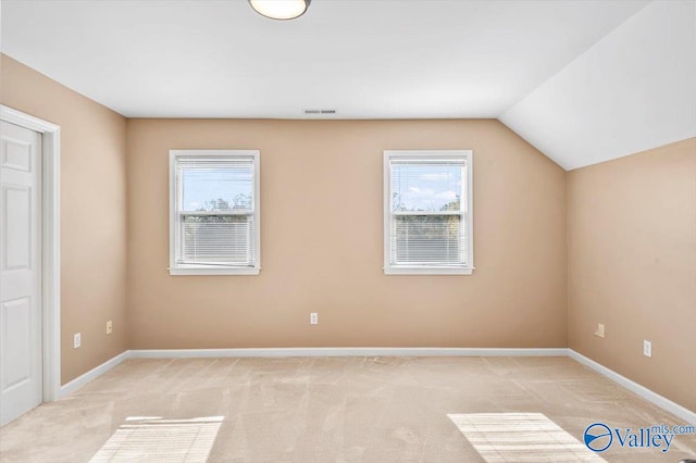 additional living space with light colored carpet and lofted ceiling