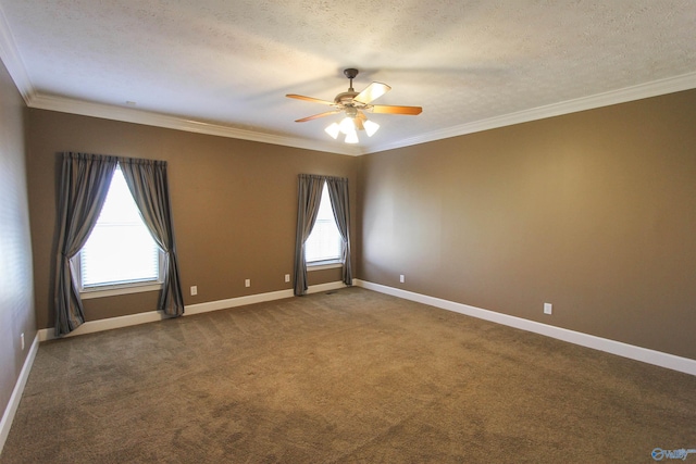 carpeted empty room featuring a textured ceiling, ceiling fan, and crown molding