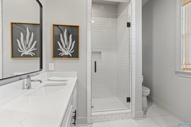 bathroom featuring a shower with door, vanity, tile patterned flooring, and toilet