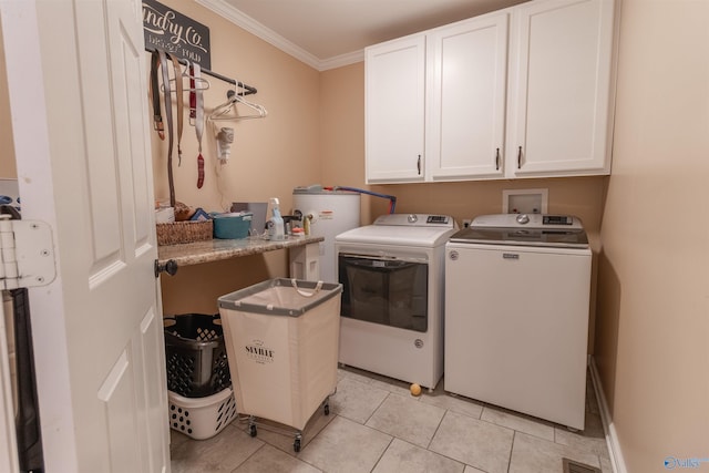 washroom with crown molding, light tile patterned floors, cabinet space, water heater, and washer and dryer