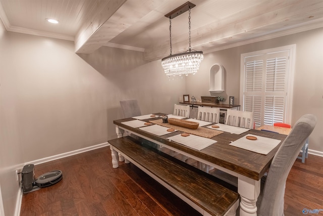 dining room featuring baseboards, dark wood-style floors, ornamental molding, a chandelier, and recessed lighting