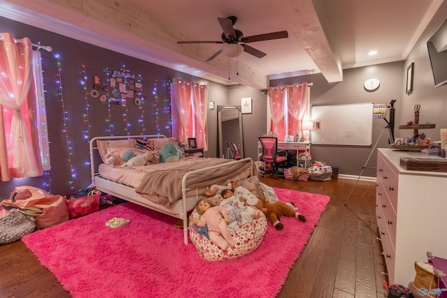 bedroom with dark hardwood / wood-style floors, ceiling fan, and beam ceiling