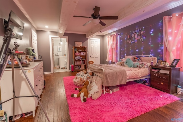 bedroom with ornamental molding, hardwood / wood-style floors, connected bathroom, and baseboards