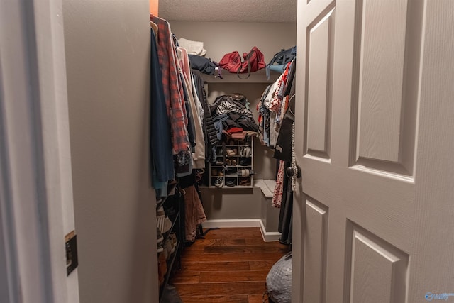 spacious closet with dark hardwood / wood-style flooring