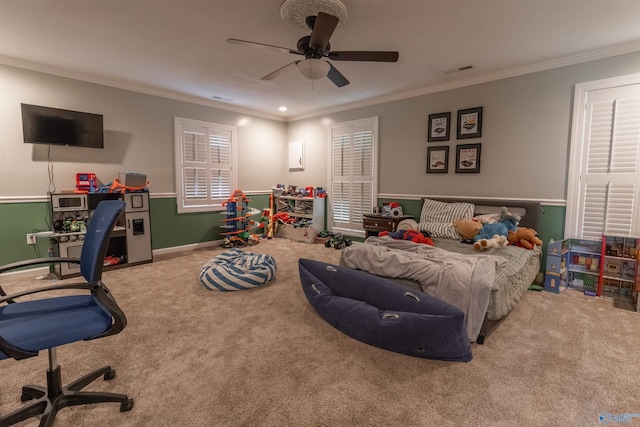 bedroom featuring ornamental molding, carpet flooring, visible vents, and baseboards