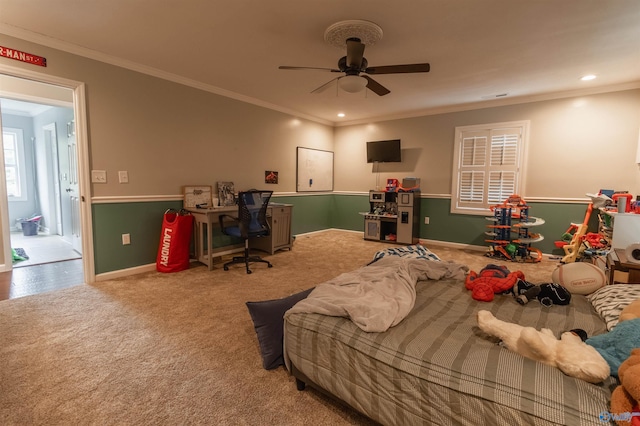 bedroom with ornamental molding, carpet, baseboards, and recessed lighting