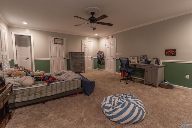 bedroom featuring baseboards, ceiling fan, crown molding, carpet flooring, and recessed lighting