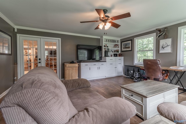 living room featuring ornamental molding, french doors, ceiling fan, and dark wood-style flooring