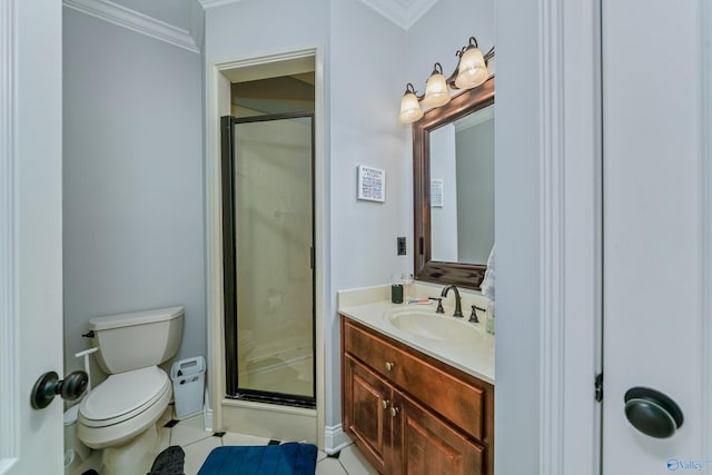 bathroom with ornamental molding, vanity, toilet, and an enclosed shower