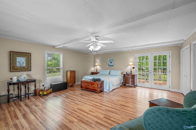 bedroom with ornamental molding, access to exterior, ceiling fan, and wood finished floors
