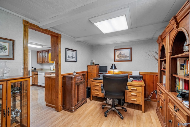 office space featuring light wood finished floors, wood walls, wainscoting, and beam ceiling