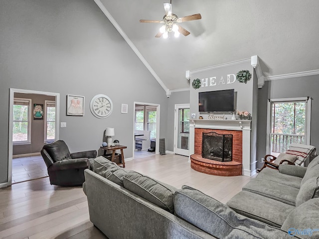 living room featuring plenty of natural light, light hardwood / wood-style floors, and high vaulted ceiling