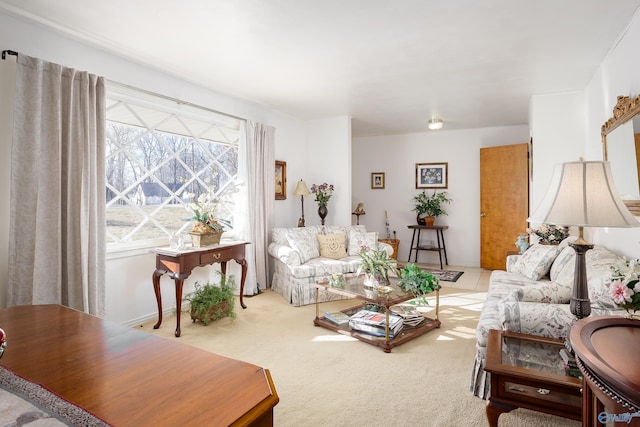 living area with light colored carpet