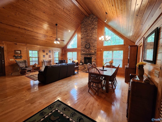 dining room with a wealth of natural light, ceiling fan with notable chandelier, wooden walls, and a fireplace