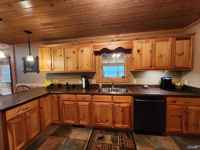 kitchen featuring black dishwasher, a wealth of natural light, sink, and decorative light fixtures