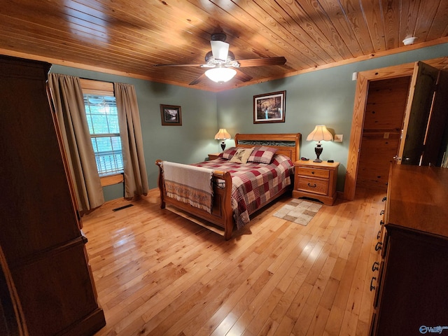 bedroom featuring light wood-type flooring, ceiling fan, and wood ceiling