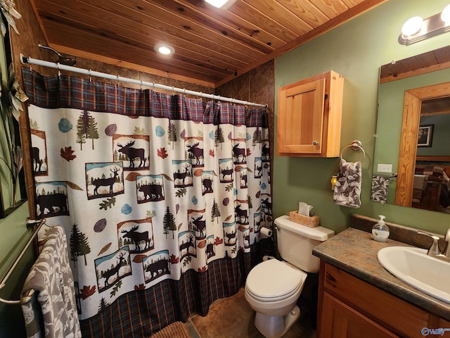 bathroom with walk in shower, toilet, wooden ceiling, and vanity