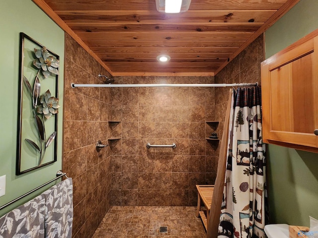 bathroom with walk in shower, toilet, and wooden ceiling