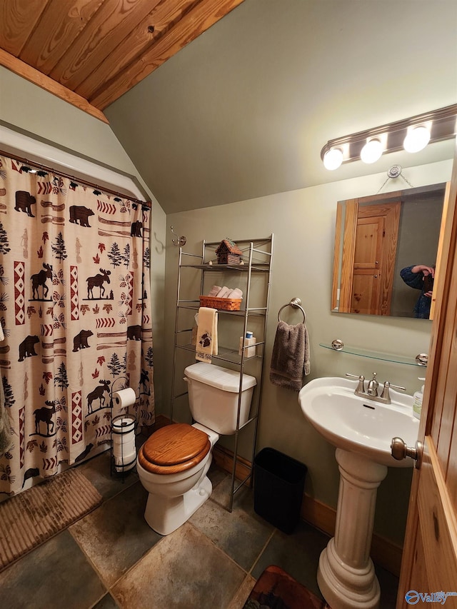 bathroom featuring toilet, a shower with curtain, and vaulted ceiling