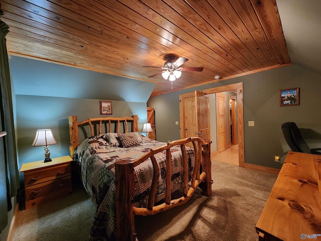 bedroom with carpet flooring, vaulted ceiling, wooden ceiling, and ceiling fan