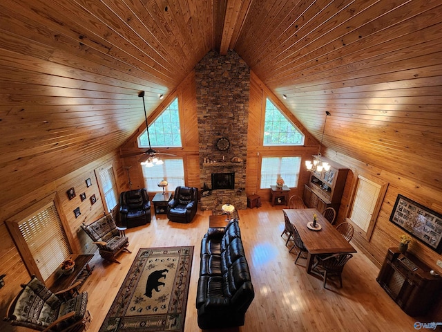 living room with a wealth of natural light, ceiling fan, wood-type flooring, and a fireplace