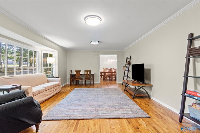 living room featuring crown molding and light hardwood / wood-style floors