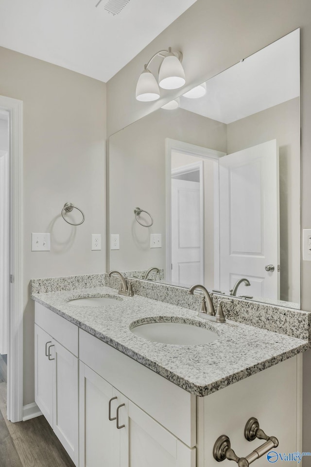 bathroom featuring double vanity, wood finished floors, baseboards, and a sink