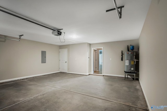 garage featuring electric panel, baseboards, water heater, and a garage door opener