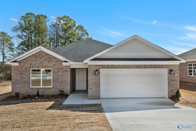 ranch-style home with an attached garage, brick siding, driveway, and a shingled roof