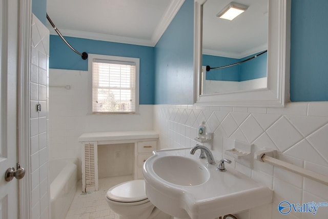 full bathroom featuring a wainscoted wall, crown molding, shower / tub combination, toilet, and tile walls