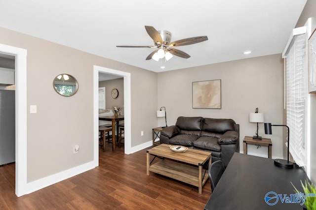 living room featuring ceiling fan and dark hardwood / wood-style floors