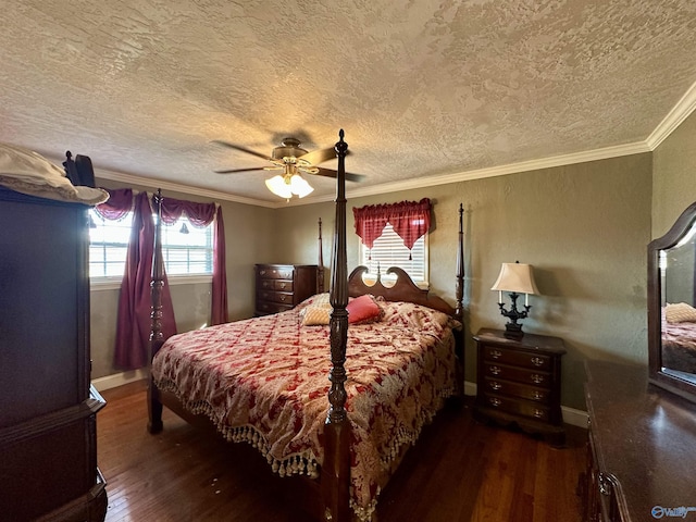 bedroom with a textured ceiling, ceiling fan, dark hardwood / wood-style flooring, and crown molding