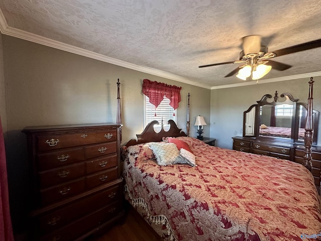 bedroom featuring multiple windows, crown molding, and ceiling fan