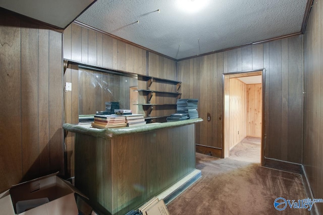 home office featuring carpet floors, a textured ceiling, and wooden walls