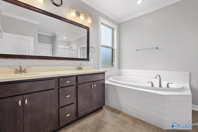 bathroom featuring ornamental molding, separate shower and tub, tile patterned flooring, and vanity