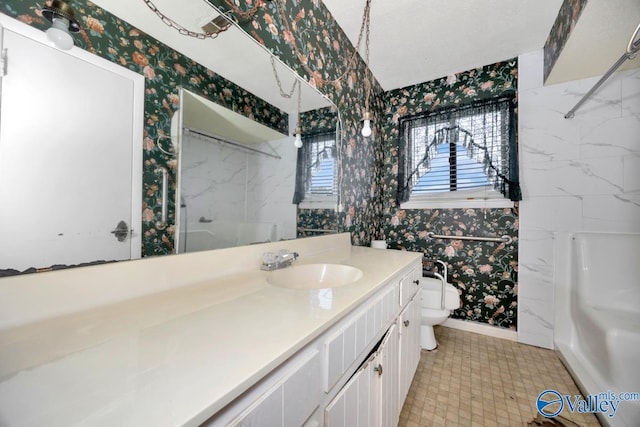 full bathroom featuring walk in shower, wallpapered walls, toilet, and vanity