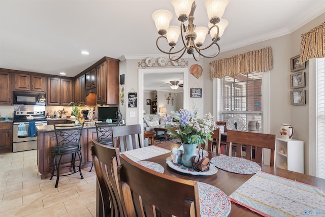 114 Sandi Paige Ln, Huntsville, AL 35811 - dining area with a chandelier, ornamental molding, recessed lighting, and light tile patterned floors