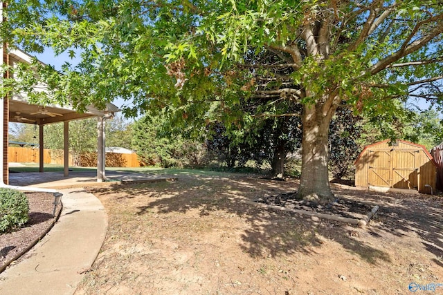 view of yard featuring a storage unit