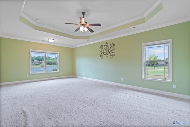 spare room with ceiling fan, a raised ceiling, and ornamental molding