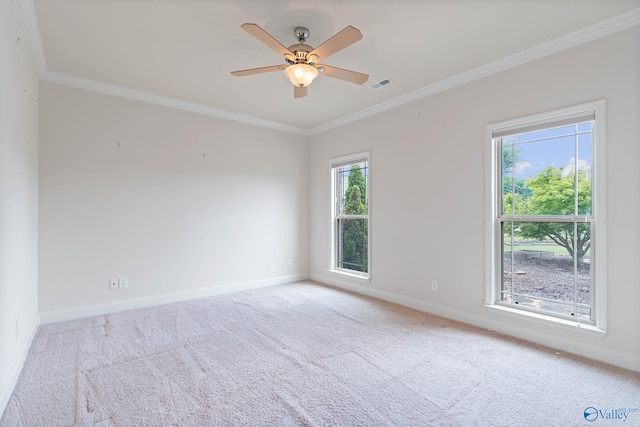 carpeted spare room with ceiling fan and ornamental molding